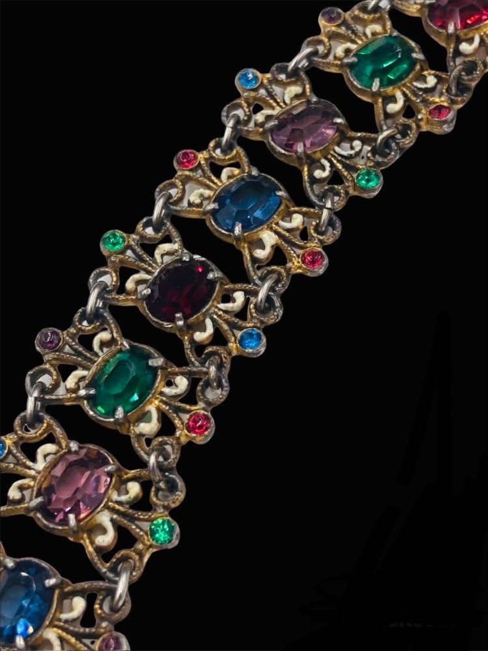 Antique 1930’s Czech Multi Color Oval Rhinestone Enamel Bracelet - Picture 3 of 9